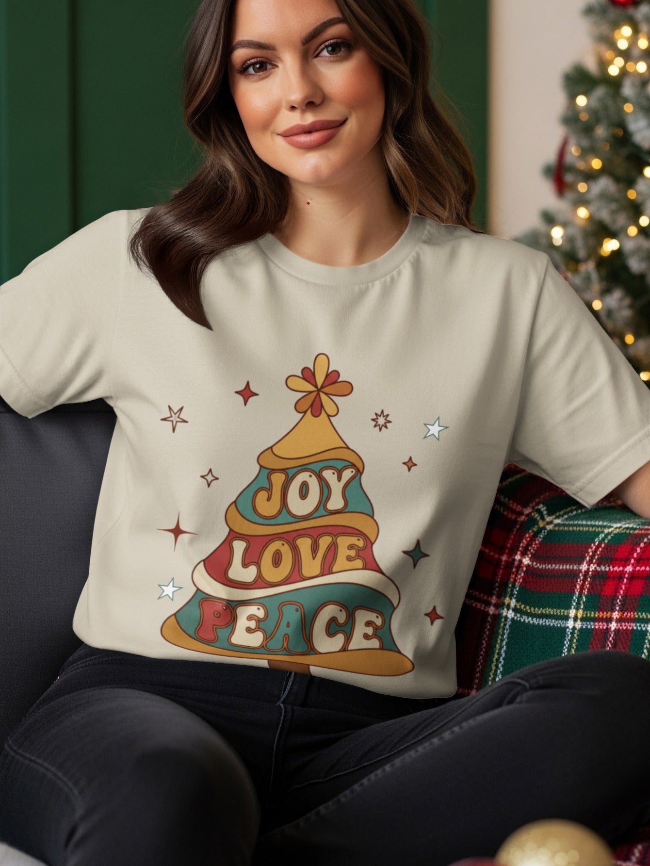 Retro Joy Love Peace Christmas Tree Sweatshirt: Groovy Vintage Holiday Sweater or Unisex Tee