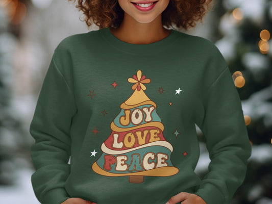 Retro Joy Love Peace Christmas Tree Sweatshirt: Groovy Vintage Holiday Sweater or Unisex Tee