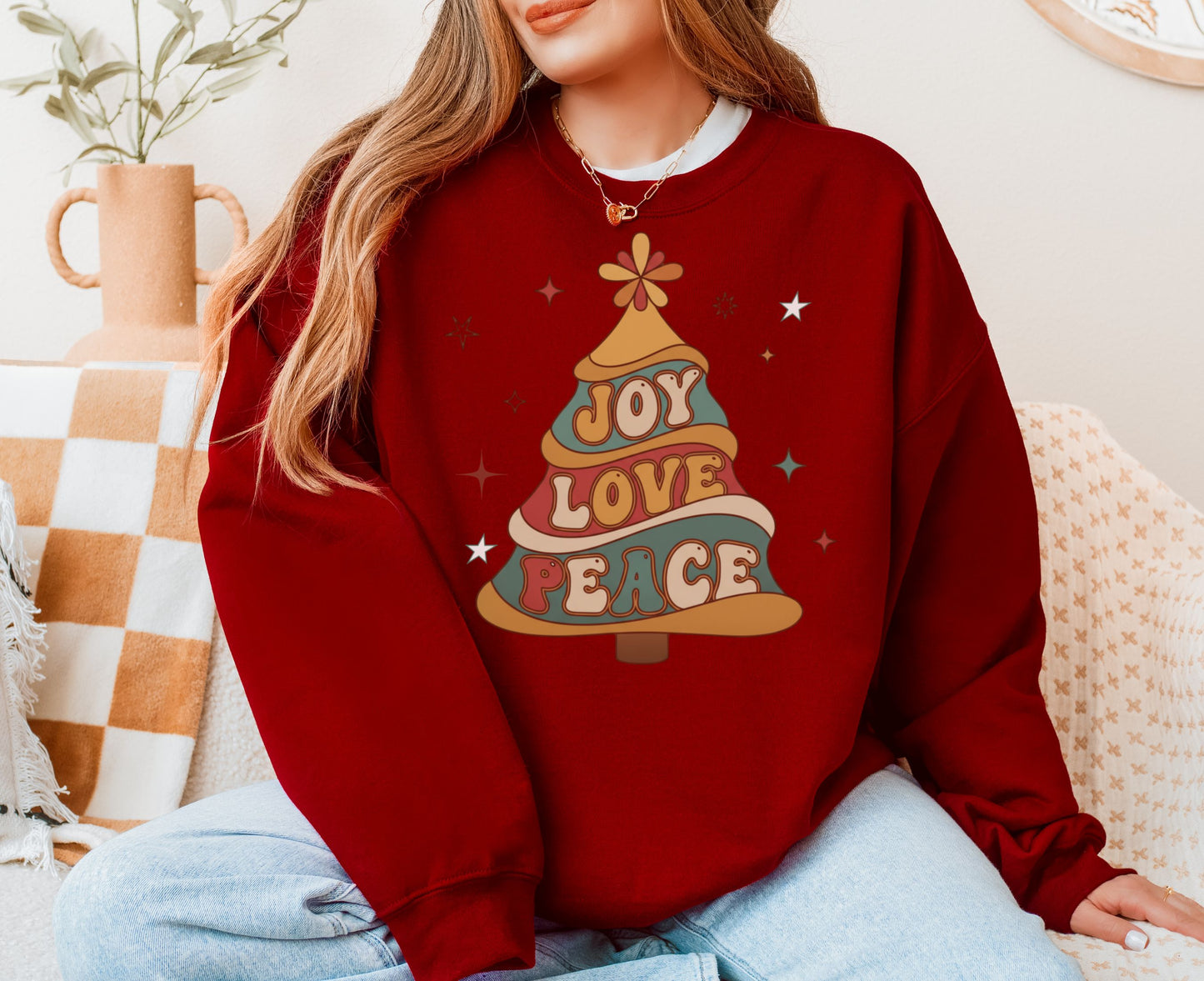 Retro Joy Love Peace Christmas Tree Sweatshirt: Groovy Vintage Holiday Sweater or Unisex Tee