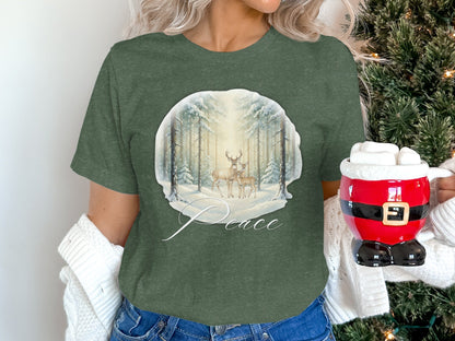 Peace Woodland Deer Holiday Scene T-Shirt