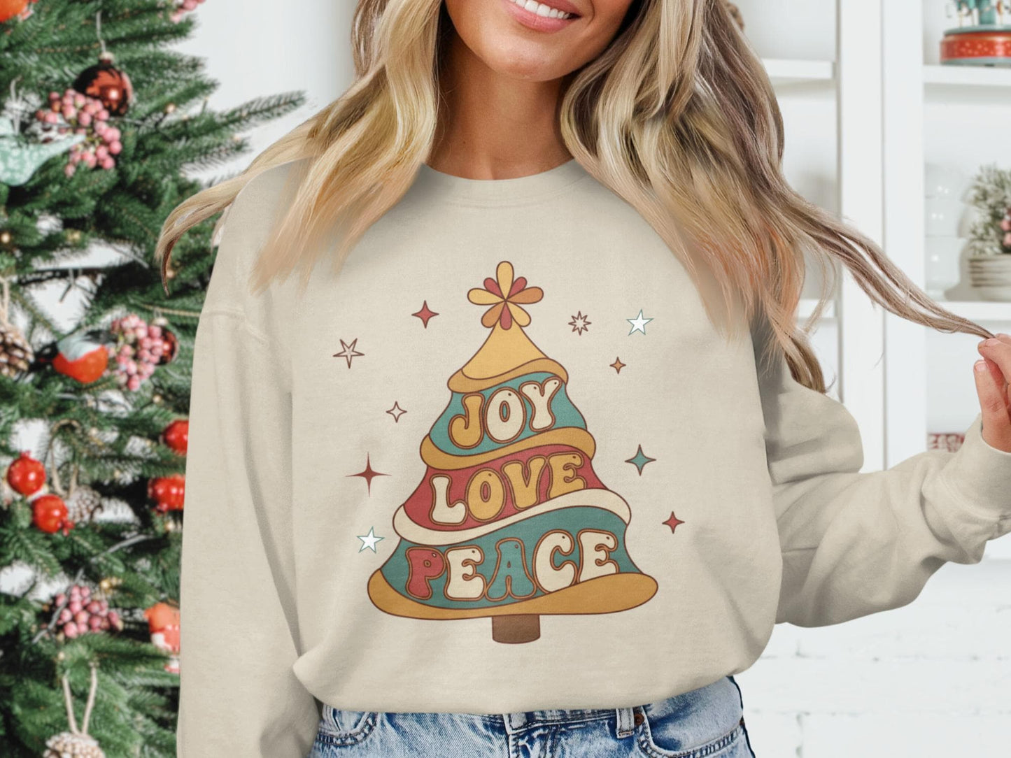 Retro Joy Love Peace Christmas Tree Sweatshirt: Groovy Vintage Holiday Sweater or Unisex Tee