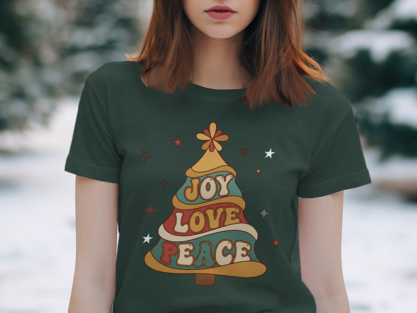 Retro Joy Love Peace Christmas Tree Sweatshirt: Groovy Vintage Holiday Sweater or Unisex Tee