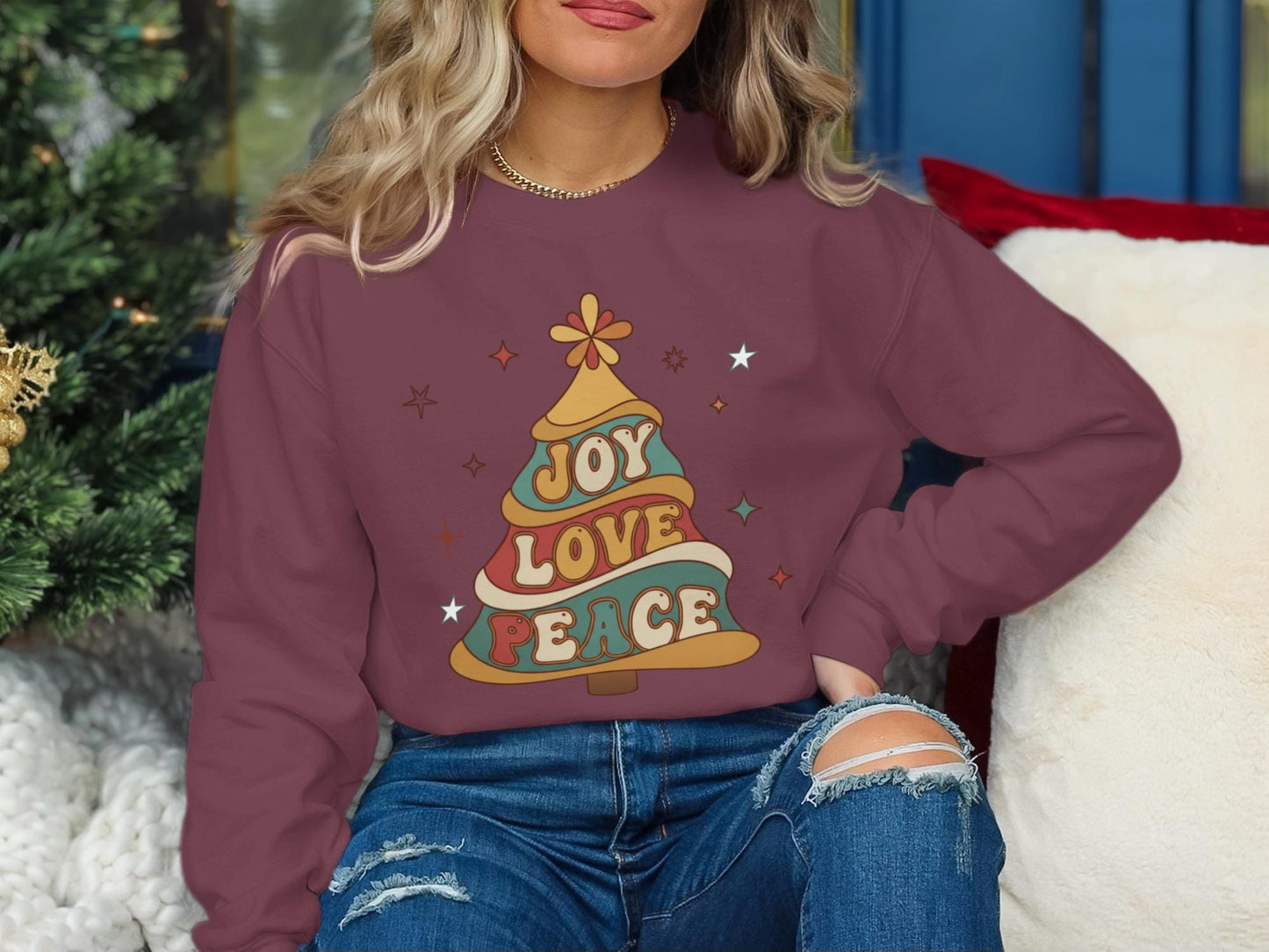 Retro Joy Love Peace Christmas Tree Sweatshirt: Groovy Vintage Holiday Sweater or Unisex Tee