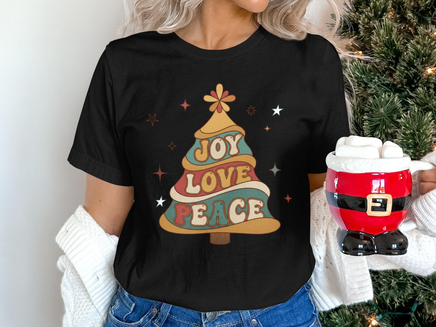 Retro Joy Love Peace Christmas Tree Sweatshirt: Groovy Vintage Holiday Sweater or Unisex Tee