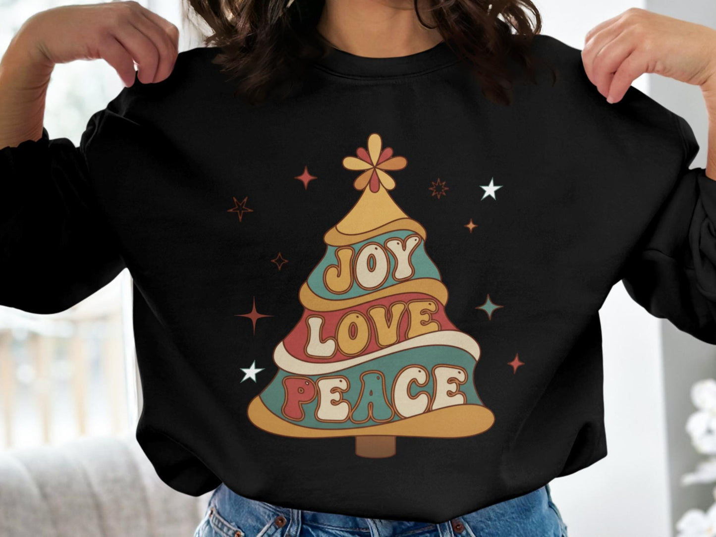 Retro Joy Love Peace Christmas Tree Sweatshirt: Groovy Vintage Holiday Sweater or Unisex Tee