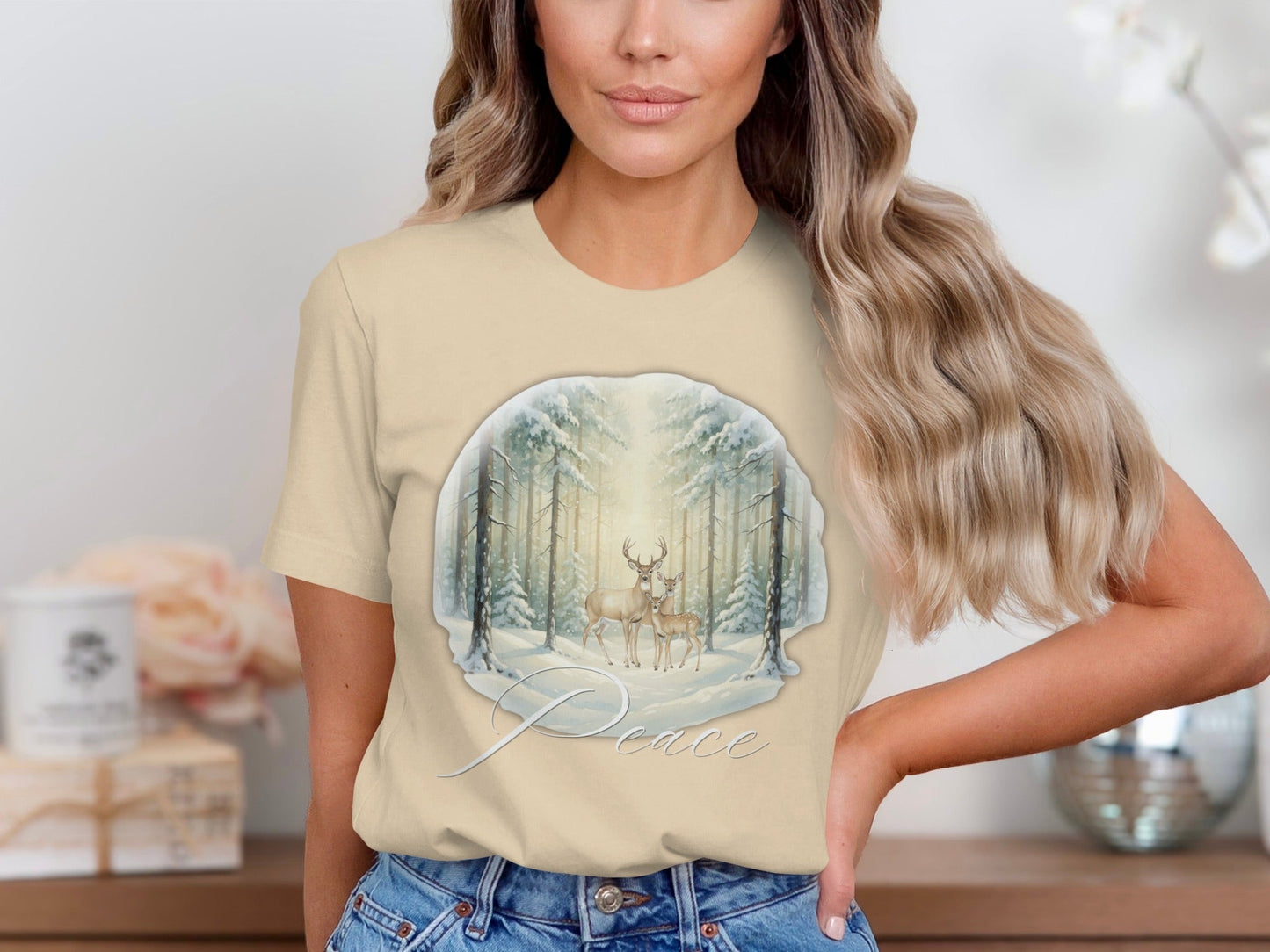 Peaceful Deers in Snowy Forest Scene T-shirt