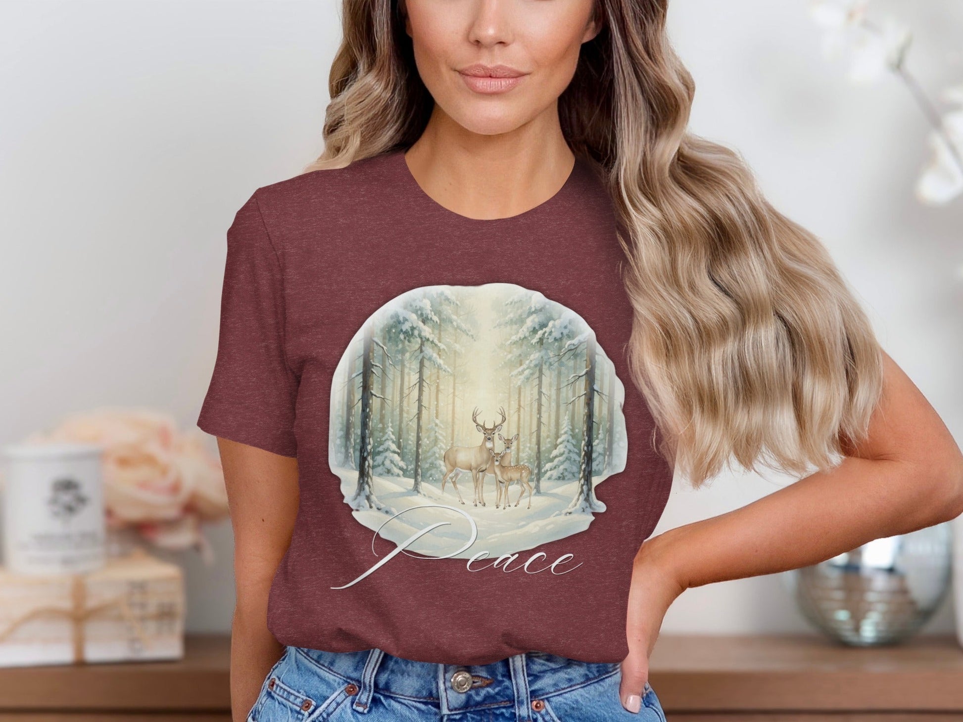 Winter Forest Scene with Deer Peace T-Shirt