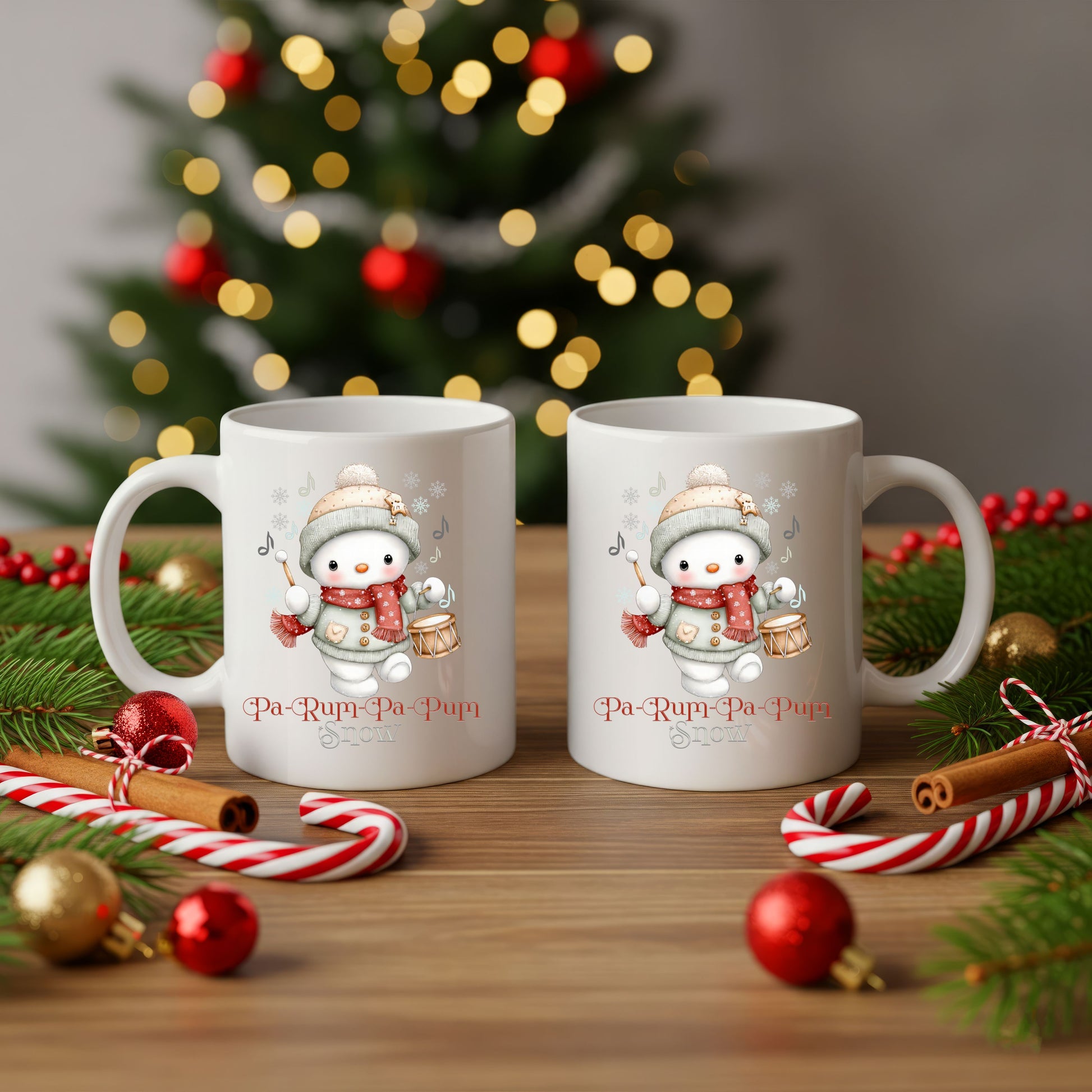 Cute Snowman Mug with Christmas Tree Background