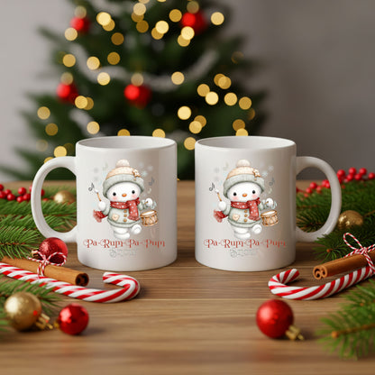 Cute Snowman Mug with Christmas Tree Background