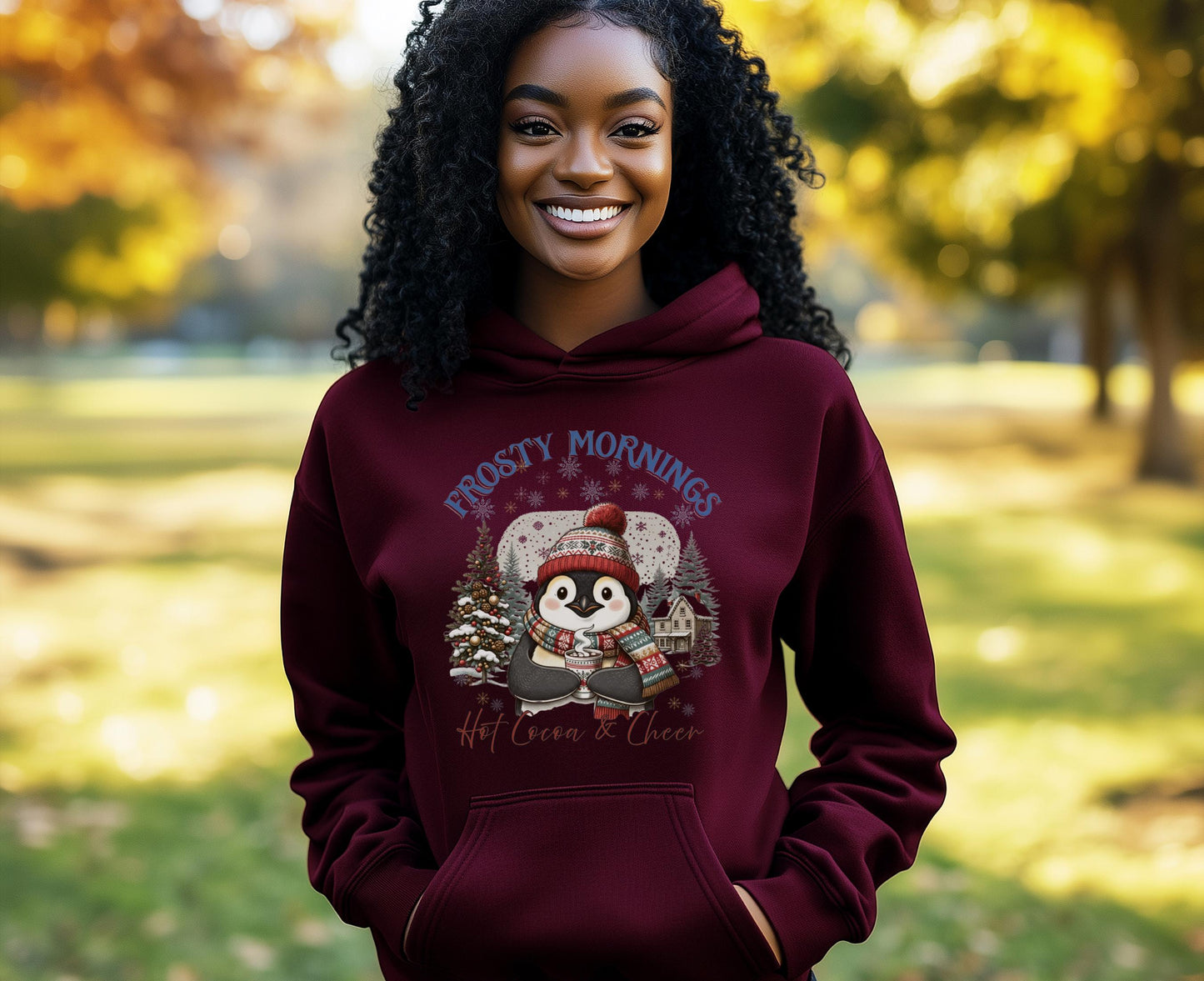 Frosty Mornings Hot Cocoa & Cheer Hoodie| Cozy Winter Hot Chocolate Christmas Penguin Sweatshirt