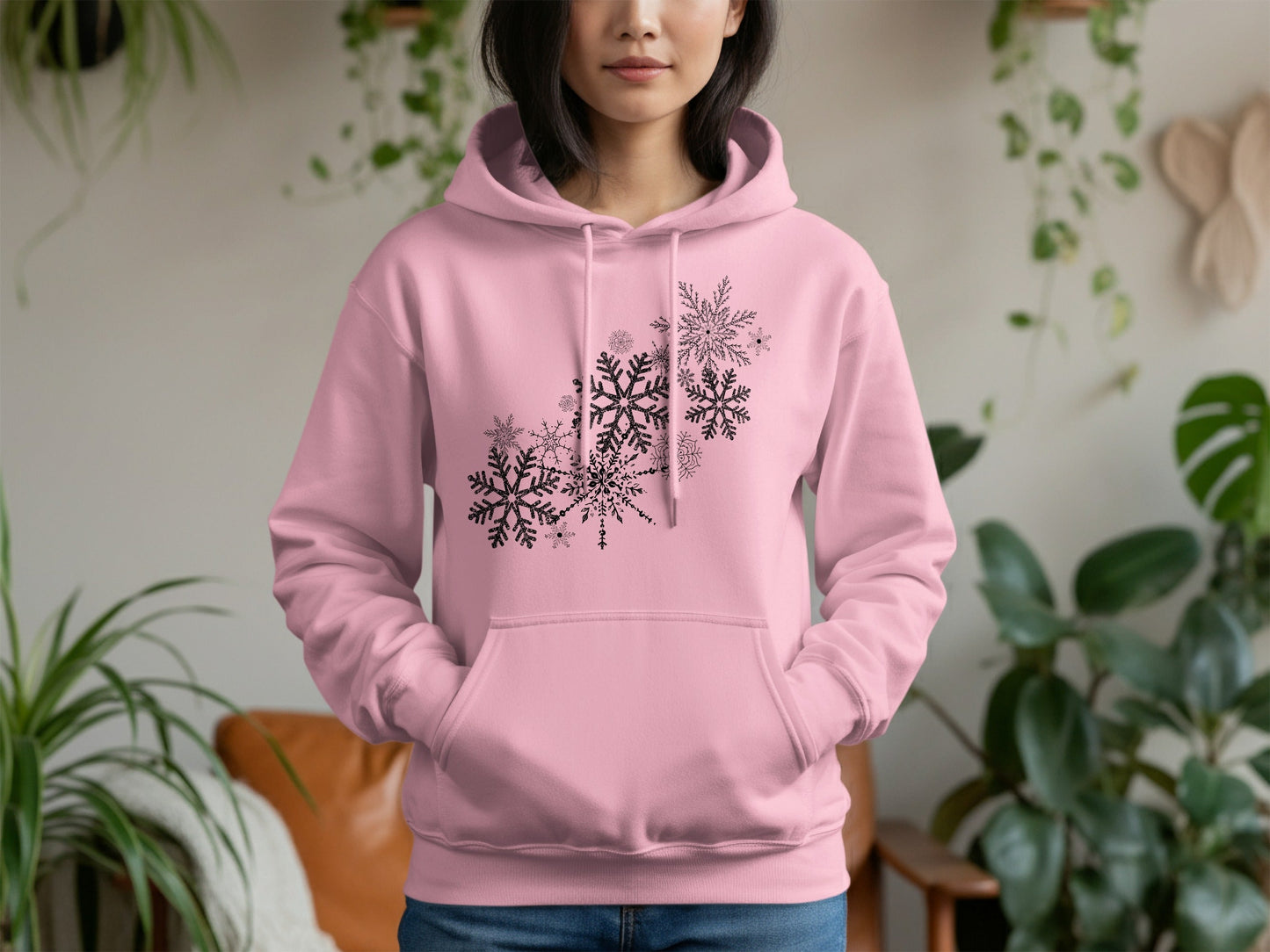 Stylish Pink Hoodie with Intricate Snowflake Design