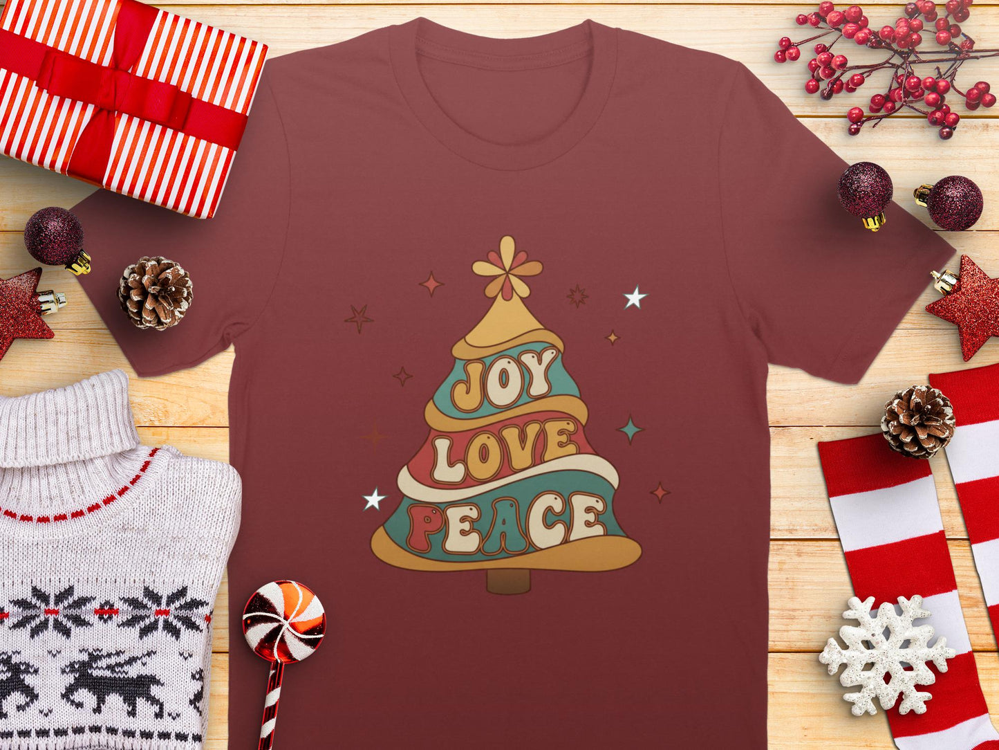 Retro Joy Love Peace Christmas Tree Sweatshirt: Groovy Vintage Holiday Sweater or Unisex Tee