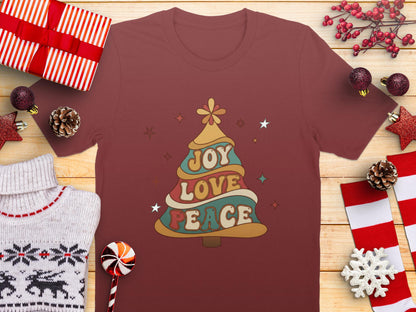 Retro Joy Love Peace Christmas Tree Sweatshirt: Groovy Vintage Holiday Sweater or Unisex Tee