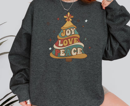 Retro Joy Love Peace Christmas Tree Sweatshirt: Groovy Vintage Holiday Sweater or Unisex Tee