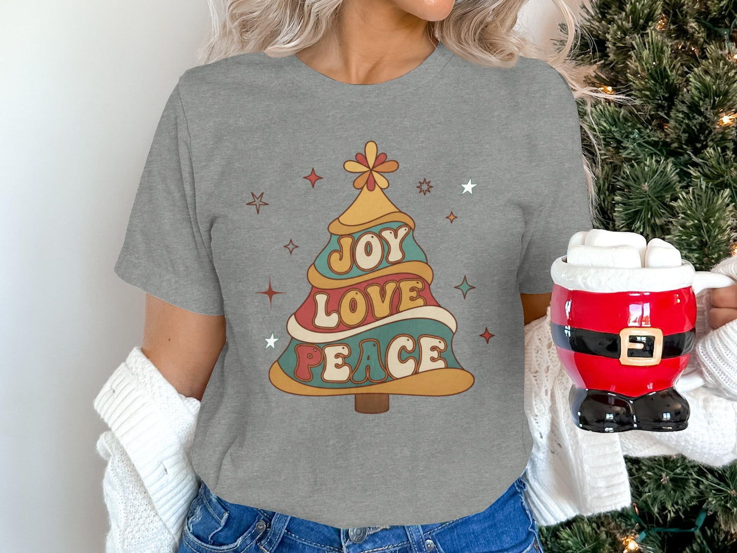 Retro Joy Love Peace Christmas Tree Sweatshirt: Groovy Vintage Holiday Sweater or Unisex Tee