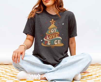 Retro Joy Love Peace Christmas Tree Sweatshirt: Groovy Vintage Holiday Sweater or Unisex Tee